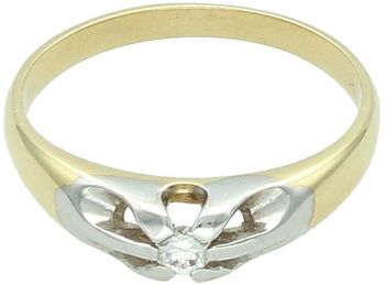 Elegancki pierścionek z żółtego i białego złota 585 z uniesionym diamentem 0,08 ct. Czystość P1, barwa W. Klasyczny styl z certyfikatem autentyczności. Idealny prezent.1.jpg